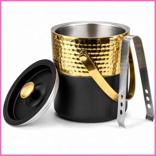 Premium Double Wall Ice Bucket with Lid & Tong, 1 Litre | Insulated Ice Holder with Hammered Gold Finish & Matte Black Base | for Bar, Home, Parties & Gifting